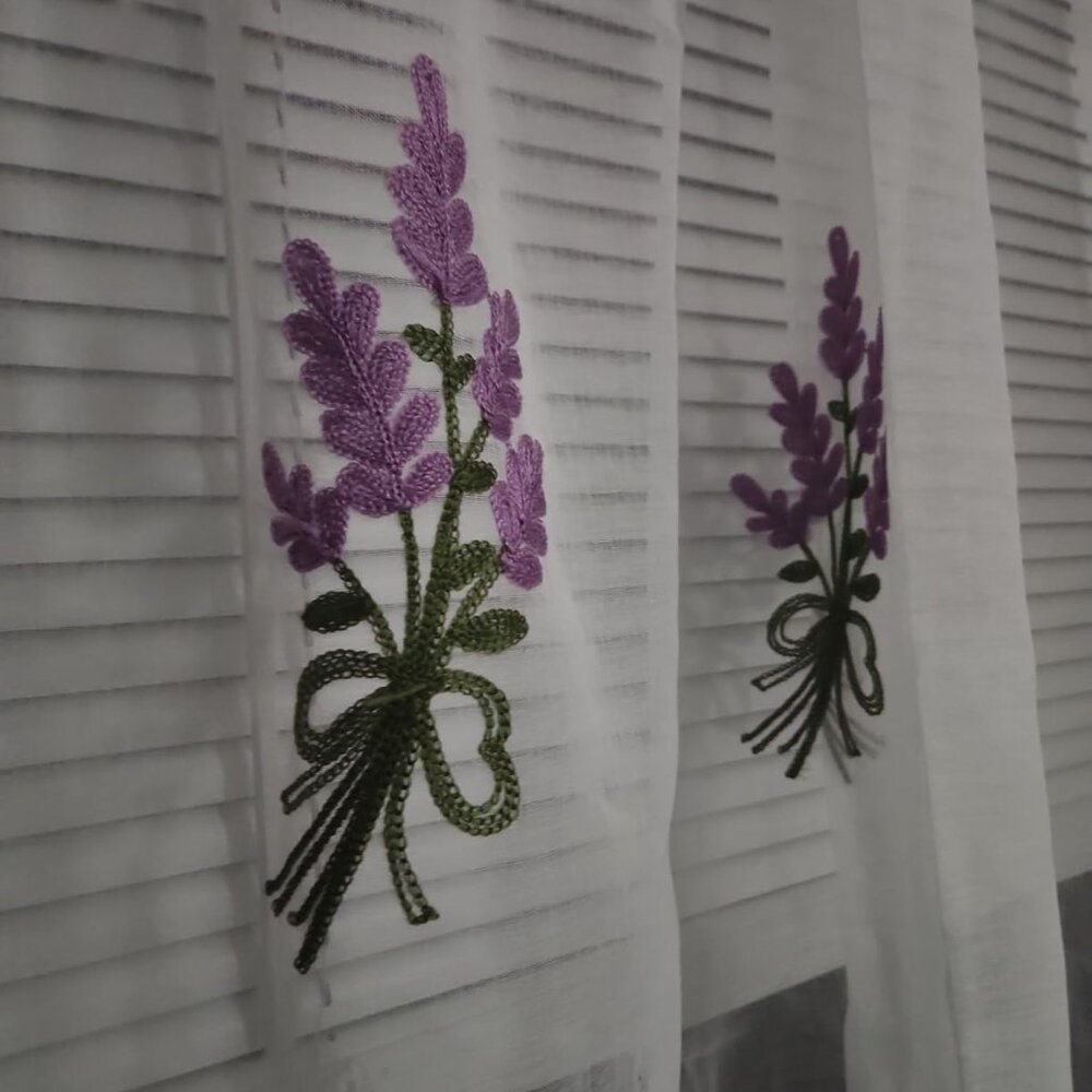 Floral White Sheer Curtains Purple Lavender Flower - Picture 2 of 7